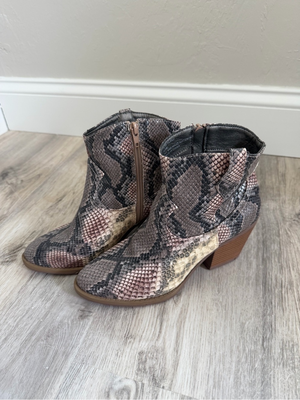 Sugar Snake-Print Ankle Boots in Pink, Gray, Beige